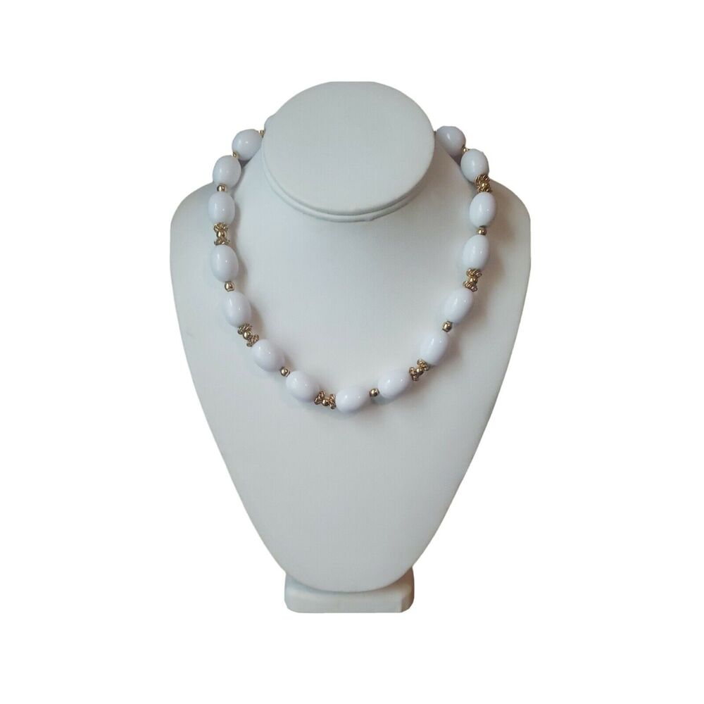 Vintage Trifari Necklace White Elongated Beads Gold Tone Accents Approx. 16"